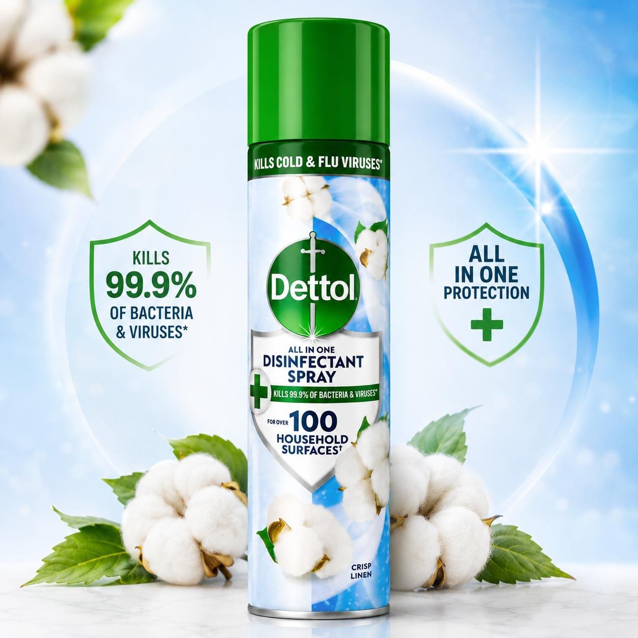Dettol All-in-One Disinfectant Spray Crisp Linen 400ml | Kills 99.9% of Bacteria & Viruses