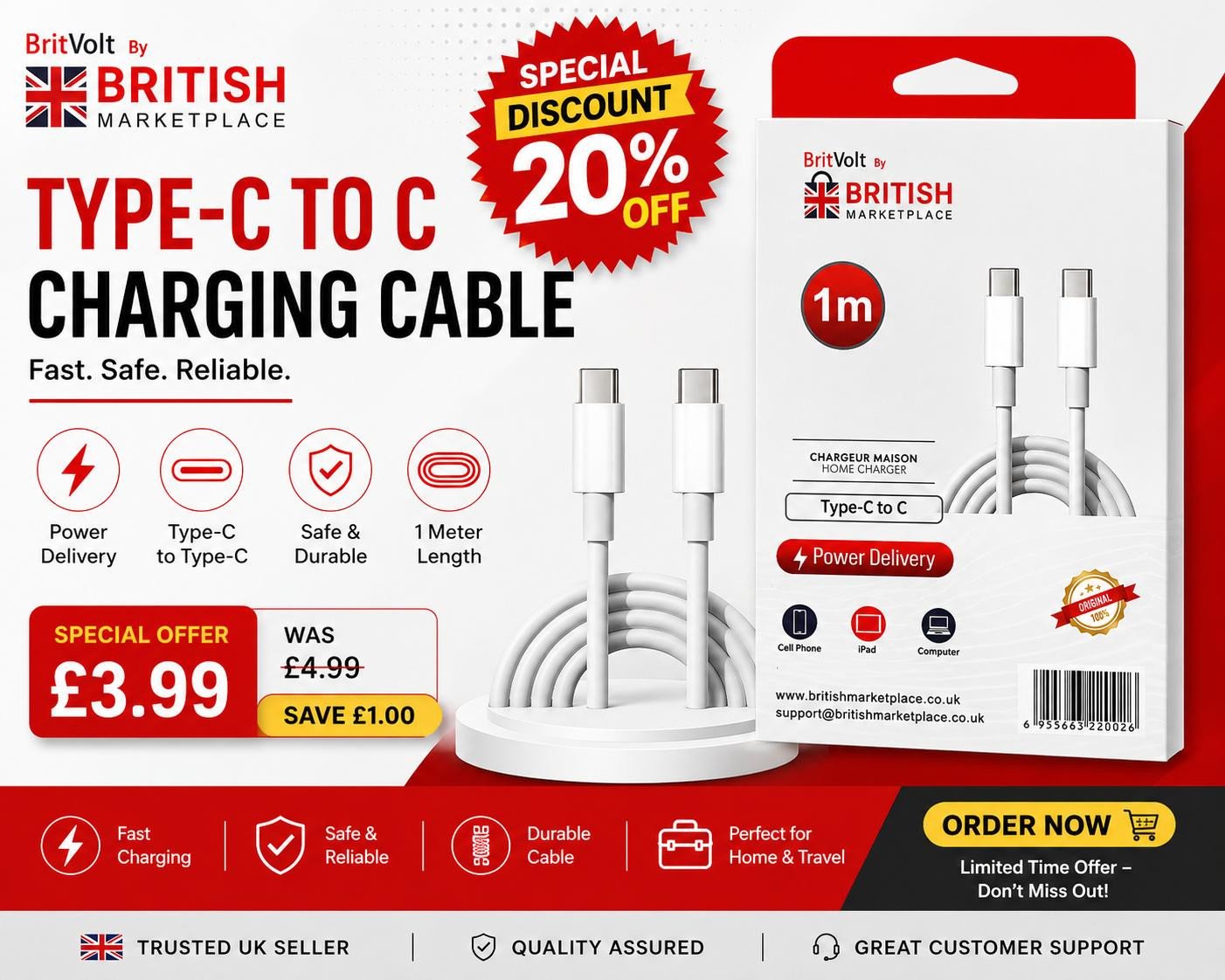 BritVolt Type-C to C Charging Cable 1m