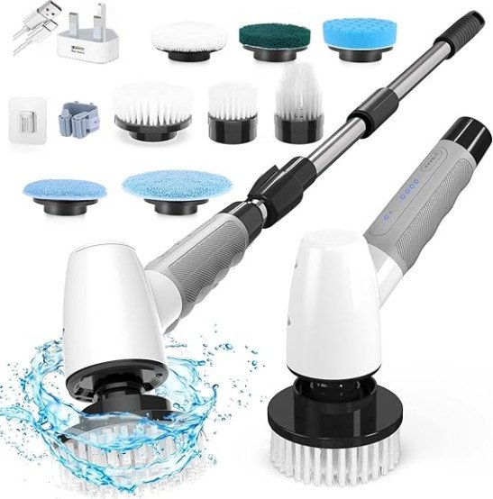 Cleaning Brush Scrubber for Home,400RPM/Mins-8 Replaceable Brush Heads-90Mins Work Time,3 Adjustable Size,2 Adjustable Speeds for Bathroom Shower Bathtub Glass Car-Grey Electric Spin Scrubber