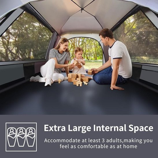 Camping Tent, 3 Man Pop Up Tent Extra Large Waterproof Automatic Dome Tent with 2 Rainproof Windows