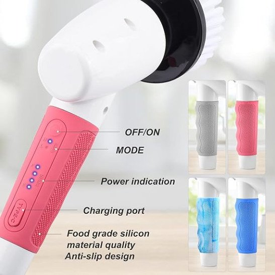 Cleaning Brush Scrubber for Home,400RPM/Mins-8 Replaceable Brush Heads-90Mins Work Time,3 Adjustable Size,2 Adjustable Speeds for Bathroom Shower Bathtub Glass Car-Grey Electric Spin Scrubber