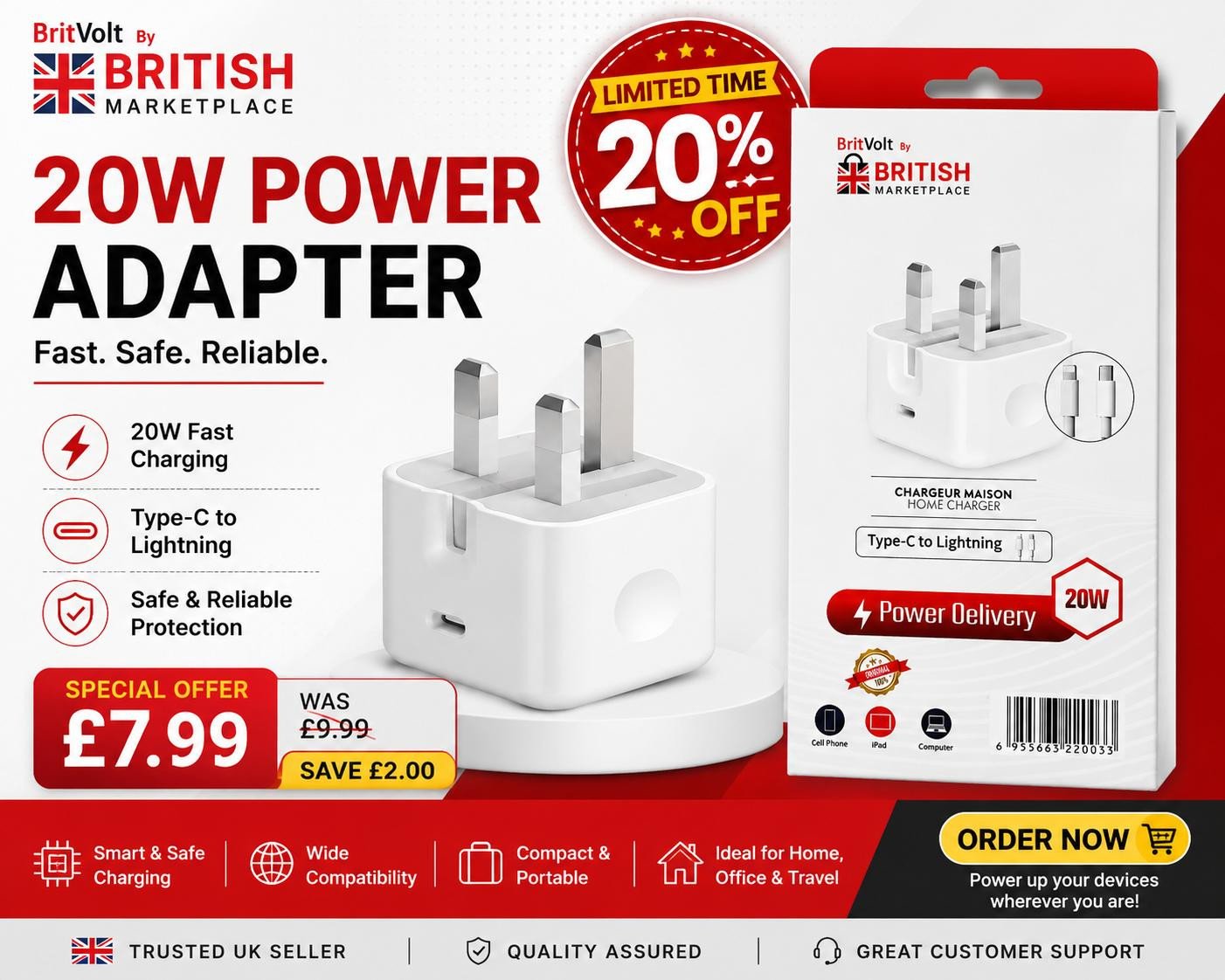BritVolt 20W Power Adapter Type-C to Lightning